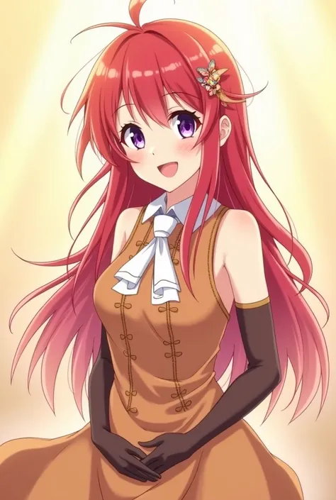 A vibrant anime-style 20 years old girl character with long length red hair that fades into a lighter shade at the tips, adorned with small butterfly-like accessories. She has bright purple eyes with a sparkling, cheerful expression, and a warm, open-mouth...