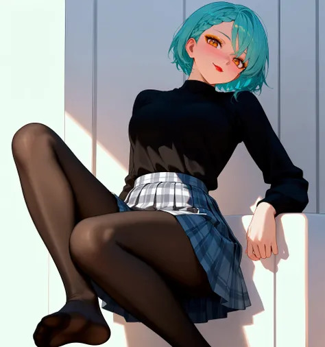 foot_focus, 1girl, solo, (best quality), 8k, masterpiece, aqua hair, short hair, braided bangs hairstyle, calm, BREAK, orange_eyes, golden eyeshadow, red lips, medium breasts, smile, 1girl black_pantyhose black_shirt blush knees_together_feet_apart legs lo...