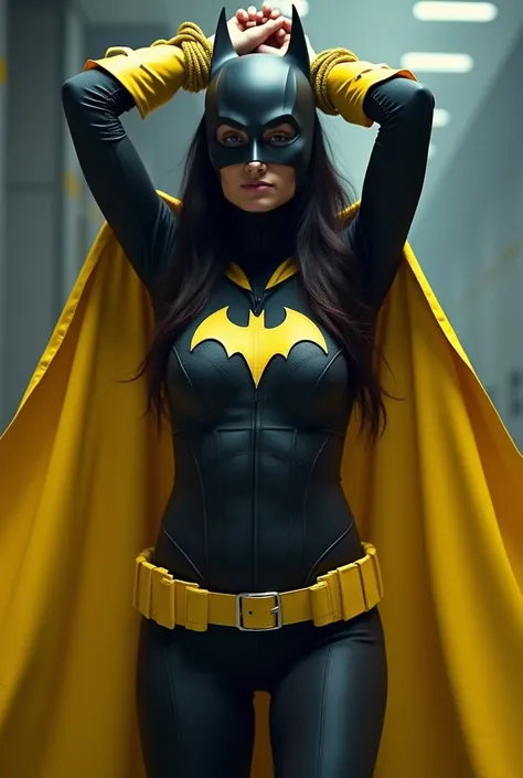 batgirl, masked, indian ethnicity, middle aged, yellow cape, long straight hair, hands above head tied, masked, ass showing