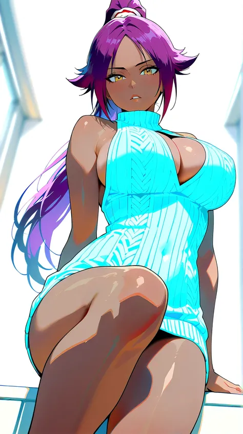 high quolity, solo, yoruichi shihouin, long hair, yellow eyes, ponytail, purple hair, dark skin, dark-skinned female, large breasts, beautiful breasts, beauty leg, whole (body), cute, cleavage, virgin killer sweater, upturned eyes, from below, looking at v...