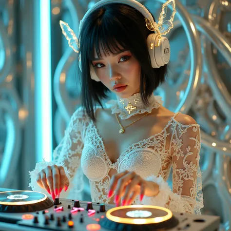 Portrait photo of a woman in her twenties，Made of white and silver clear glass and plastic, Heroine makeup, black hairstyle, playing DJ music epic, Silver and gold metal interior, dynamic poses, flowing organic structure, Detailed carving, Lace design, Glo...