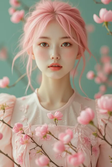 realist, 24 year old photo, oh beautiful Korea woman, pink hair, clear skin, bokeh, motion blur, at home, from below, detailed, Flower dress, Masterpiece, (best quality), ((best detailed)), depth of field, a beautiful girl, beautiful face, nature, spirit, ...