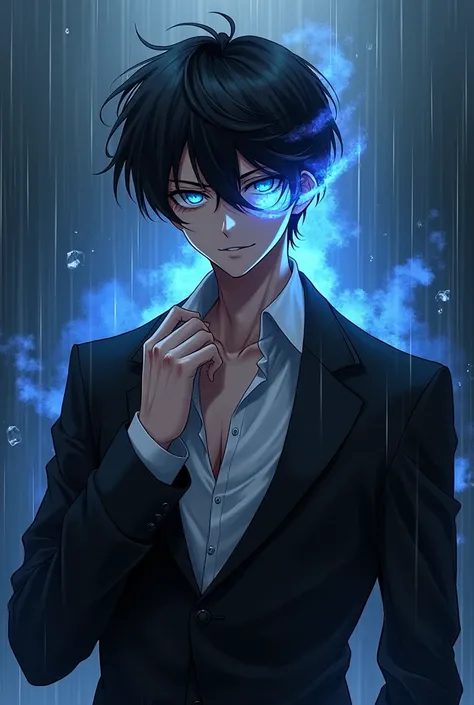 "A tall, 19-year-old anime-style male character with a slim yet sharp and symmetrical face, radiating a killer vibe. His jawline is defined, and his slightly narrowed glowing blue eyes exude a mysterious and dangerous aura, with one eye partially covered b...