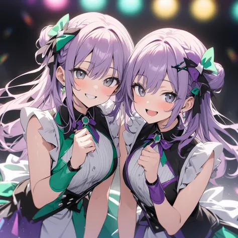  twins、masterpiece,  best quality,  tea hair、bangs、 black eyes、Clear eyes 、Idol clothes、 smiles、 in different colors　Purple、green、gentle color
Twin dumplings、