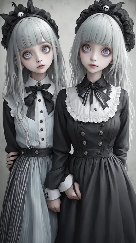 Tim Burton style 、very realistic 、 Siblings、