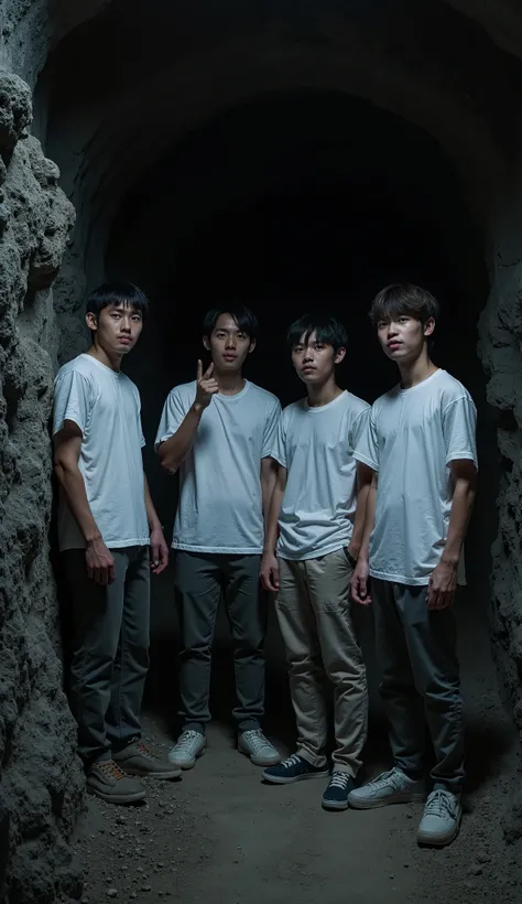 Imagine four Young Man Standing In the Old Mine Dark At Night Looking Stunned And Scared Watching At Camera And Camping, Wearing White T-shirts, Very Scary And Dark Mine At Night, Japanese, Darkness In the Mine , Full Closed Mine, Front Side Image, Looking...