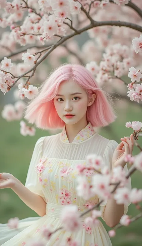 realist, 24 year old photo, oh beautiful Korea woman, pink hair, clear skin, bokeh, motion blur, at home, from below, detailed, Flower dress, Masterpiece, (best quality), ((best detailed)), depth of field, a beautiful girl, beautiful face, nature, spirit, ...