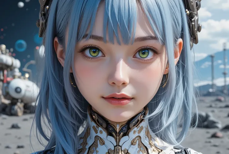 (((whole body))), (((whole bodyショット))),  cyborg, Exosuits, Mecha,  future, Nerissa Tidkoller is a 20-year-old ferocious warrior, Statue-like,   blue hair ,  green eyes,  Trident ,  Water Magic ,  Guardian .,  cybersilk combat equipment , This sophisticated...