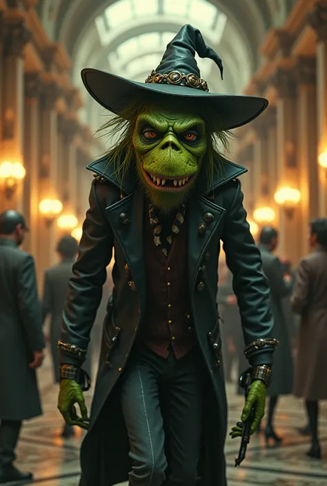 Grinch-style villain in 3d with a hat robbing a bank