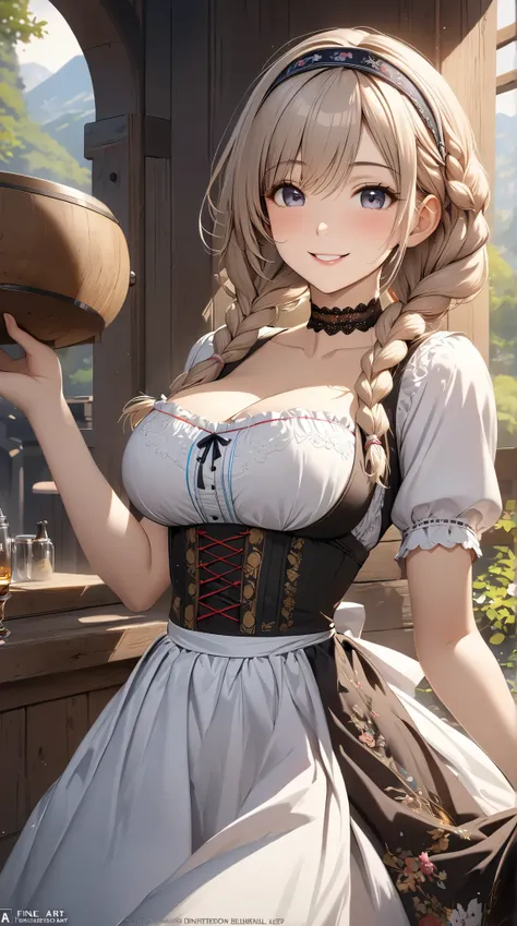 (( best quality)),( super high resolution),( very detailed),(  Detailed Help ),(( best CG )),(masterpiece),High Definition Art,( fine detail art:1.5), woman, dirndl , Beautiful Well-balanced Face ,smile, braids,A triangular headband with brilliant embroide...