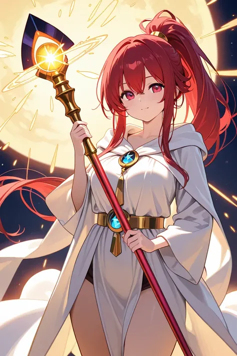 "A female magician with long red hair tied in a ponytail, wearing an elegant robe adorned with intricate magical symbols. She holds a glowing staff and stands in a mystical, 