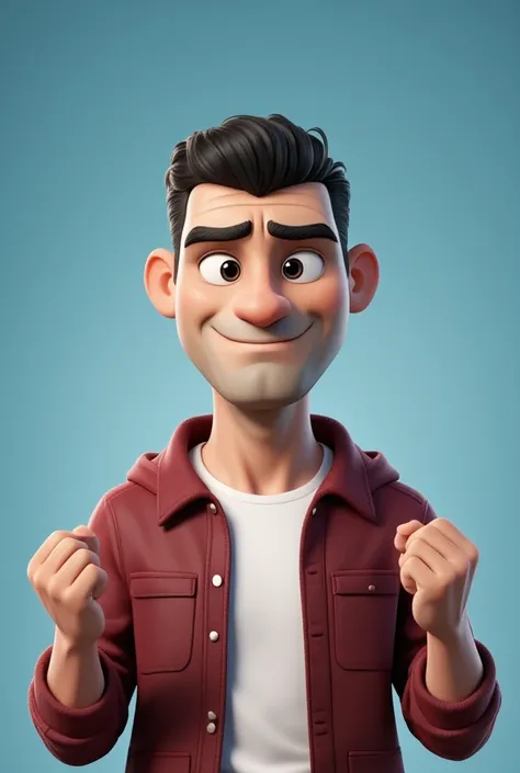 3D animation style, 3d style, cartoon animation style, caricature 3d animation, modern caricature of a white man, under cut black hair. oval face, wearing a maroon jacket and simple white t-shirt. He clenched his fists in a sign of confidence. focus on the...