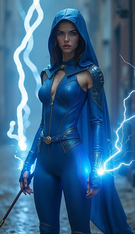 Full body photorealistic beautiful and gorgeous and very sexy young slender futuristic female hero Minerva wearing a blue costume with belt and gloves  and wristbands and a Whip that can summons lightning and thunderstorm,,