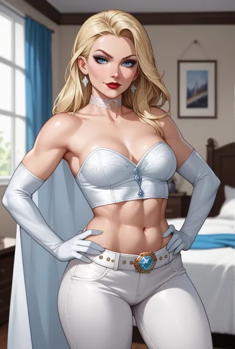 source_cartoon, score_9, score_8_up, score_7_up, score_6_up, ((zPDXL2)), (perfect anatomy) BREAK emma frost, long hair, blonde hair, blue eyes, solo, raised eyebrow, flirting, ((looking at viewer)), lipstick, makeup, choker, bare shoulders, midriff, cape, ...