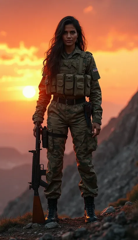 "A confident and attractive Indian female soldier in camouflage, holding a weapon, standing on a mountain with the sunset in the background."
