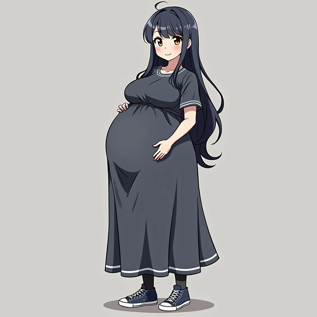 anime girl, long hair, big pregnant, brown eyes, pregnant girl, anime style, dark blue hair, big boobs, pregnant girl with big belly, smile, dark blue thin tights, dark blue long dress with white stripes short sleeve, big pregnant belly, big boobs, big hyp...