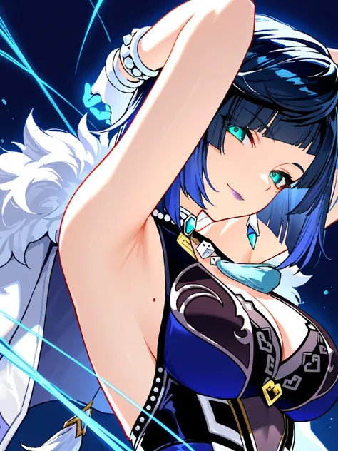 1girl,Yelan\(genshin impact\),gloves, dress, cleavage, jewelry, jacket, earrings, armpits, arms up, fur trim, blue dress, white jacket, tassel, arms behind head, pelvic curtain, mole on breast, jacket on shoulders,purple lips, dice
BREAK close-up,portrait,...