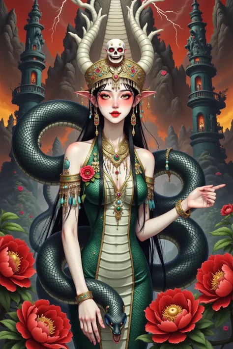 Scary Cleopatra，skull crown， snakeskin dress ，black python wrap， red eyes。Suspended buildings，tower，Peony，lightning