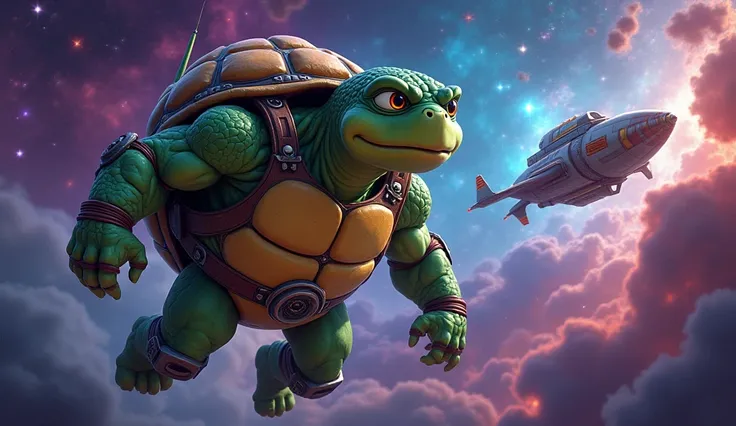 A cute cartoony turtle in a spacesiut, floating in colorful outspace, while looking to a spaceship nearby. Dont make him chubby, make hime with muscles and standing strong
