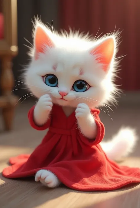 4k render a white fluffy kitten with bright blue almond shape eyes long baby cut hairs styleed red color dress in modern stylish rubing her eyes ,her eyes get infected and look red and yellow ,she fell down due to the eyes pain and get I'll by this, backgr...