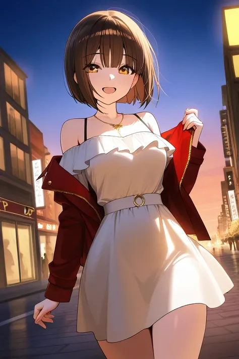  Beautiful girl,  brown hair bob cut, happy, on the street, dusk, Illuminated street dress with straps short black neckline, Fine gold necklace , Red Ferrari fallen jacket,  off-the-shoulder blouse,  medium breasts ,  thin waist ,  big thighs 