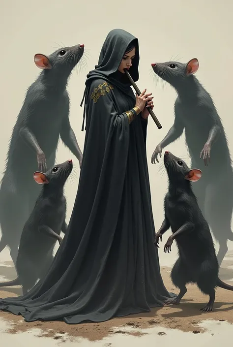 human rat catcher woman with flute, clothed in long cloak without hood, full view from profile, without background, four giant rats around