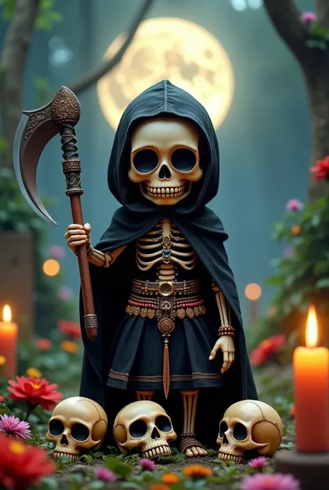  Create a captivating image of Exu Mirim Caveirinha ,  an enchanting entity from Umbanda that combines innocence and mystery .  He is portrayed as a mischievous  ,  with a little skull face that radiates a peculiar and fun charm .  His clothes are a black ...