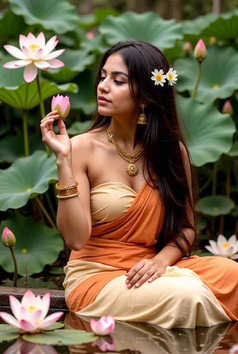 ."A  realistic colourful painting.  A serene scene featuring a beautiful woman seated near a calm pond, surrounded by blooming lotus flowers. She wears a traditional Indian dhoti with shades of orange and cream, adorned with intricate gold jewelry. Her lon...