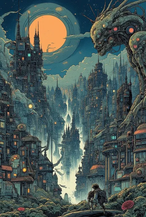  Aerial view of a city with huge buildings and giant alien statues, beksinski and  Dan Mumford ,  グレッグ・Beeple , ( ( ( ( (  Dan Mumford  ) ) ) ) ),  BeepleとJean Girard , josan gonzales and  Dan Mumford ,  Paul Rea 、Beeple ,  Sci-fi horror art  