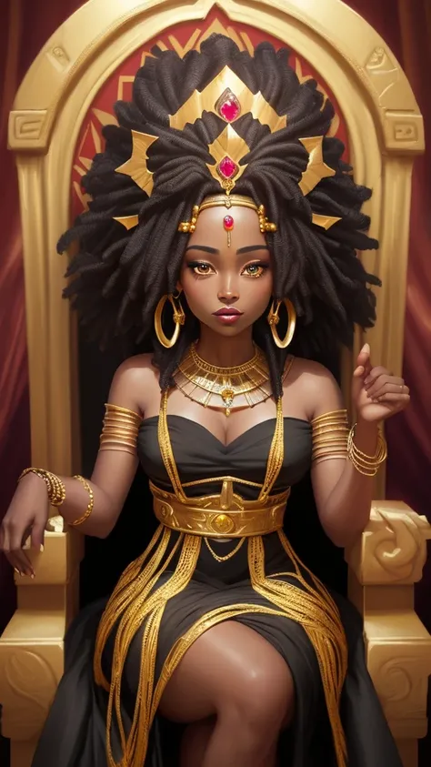 arafed woman in a black dress and gold jewelry sitting on a throne, black african princess, stunning african princess, dark skin female goddess of love, african queen, african princess, a beautiful fantasy empress, ((a beautiful fantasy empress)), gorgeous...