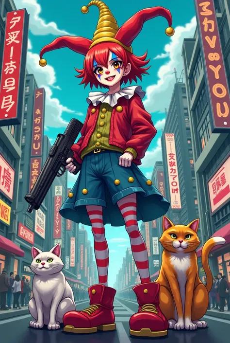 Manga style clown girl, holding a gun, two cats nearby, tokyo background 