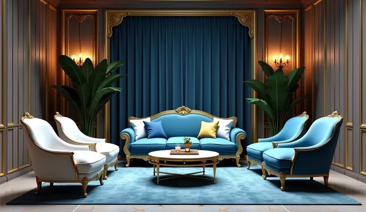 A luxurious salon with a sofa, two chairs on the north, Yamin, and a sofa. The color of the sofa is blue in Bambi, white and luxurious