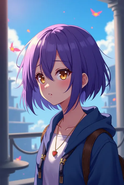 Anime style game characters, It feels like a webtoon with a slight cartoon feel, Fantasy Worldview Academy,  purple short hair ,  golden eyes , Sleepy expression , A strong feeling, 