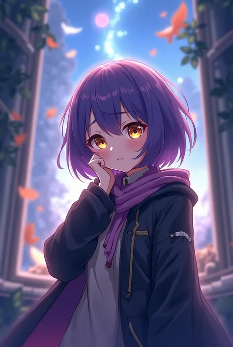 Anime style game characters, It feels like a webtoon with a slight cartoon feel, Fantasy Worldview Academy,  purple short hair ,  golden eyes , Sleepy expression , A strong feeling, 