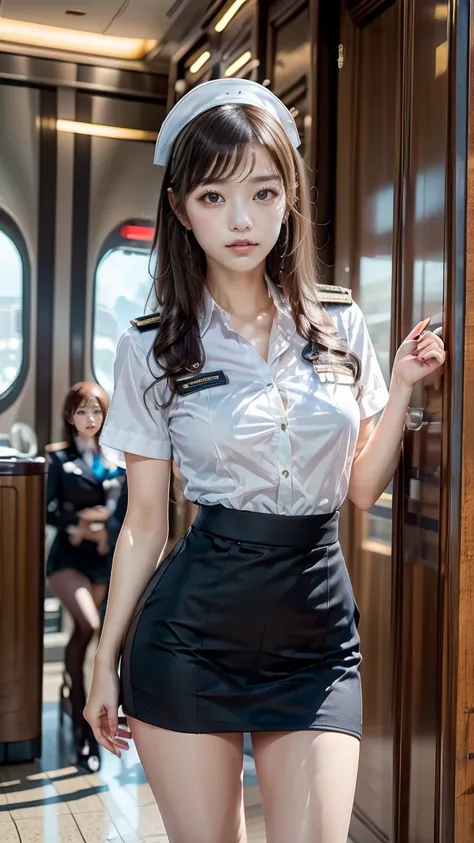 A beautiful, 24-year-old Japanese woman with perfect anatomy, healthy thighs, beautiful legs, beautiful skin, random hair color and style, large breasts, (wearing a flight attendant uniform with a mini-skirt:1.3), (she is standing:1.2), full body shot, pum...