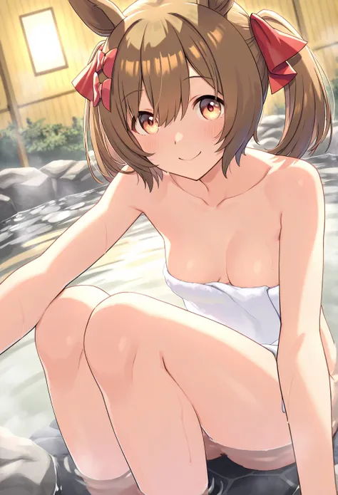 very awa, masterpiece, best quality, newest,  highres, absurdres、 smart falcon 、 smart falcon 　Uma Musume、 1 、naked、vagina、 very small breasts、Stone hot spring、smile、Take a bath in a hot spring、Soup、vapor