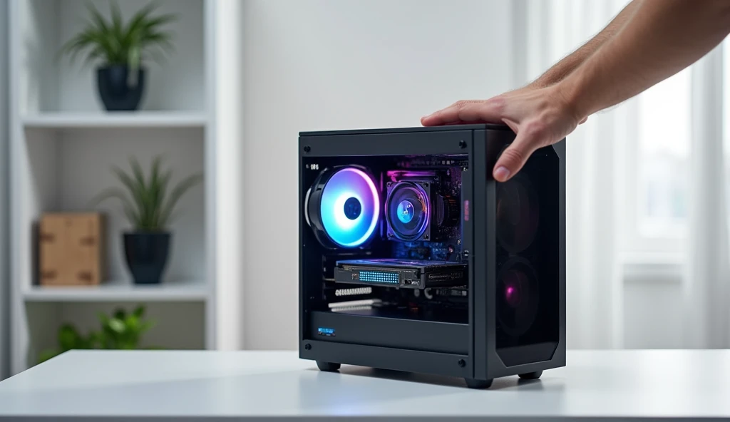 An image of a one Micro ATX pc case with visible Motherboard, graphic card and RGB fans, placed on a table, with a white room background. A man's hand is gently placed on top the cases, The scene has a minimalist, modern vibe, with clear details of the cas...