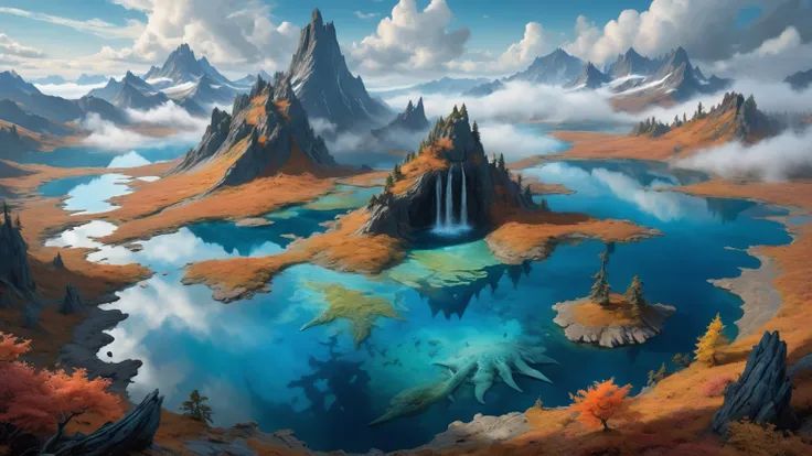 (Aerial view of a high plateau with a waterfall flowing into a mountain lake and branched trees), (gigantic sea creature, elongated scaly detailed huge leviathan in water:1.3), (A lake with clear water , by the reflection of clouds in the water),  ( on a m...