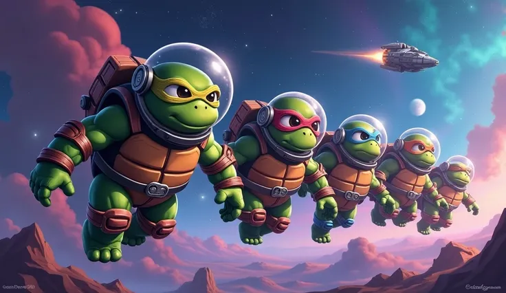 5 cartoony turtles in a spacesuit, each in a different spacesuit color, and they are floating in a colorful outspace, while looking to a spaceship nearby. Dont make them chubby, make them with muscles and like the famous game “among us”.
Exactly like this ...