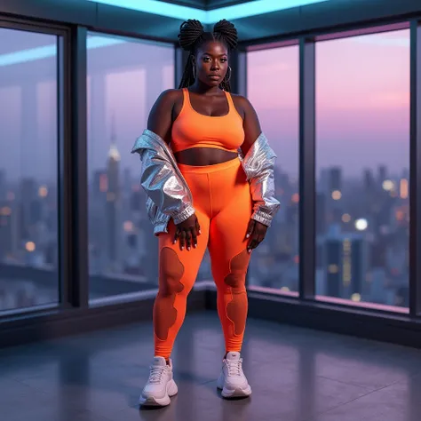 A Black curvaceous woman stands in a futuristic rooftop gym, wearing a neon orange sports bra and matching high-waisted leggings with mesh cutouts along the hips and calves. A cropped bomber jacket in metallic silver hangs off her shoulders, and chunky whi...