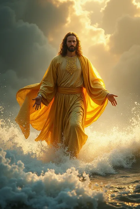 Create an image of Jesus all in gold walking on the super rough sea with waves wetting your clothes 