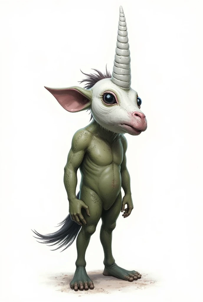 Humanoid goblin wearing porcelain unicorn mask. Digital drawing. White background.