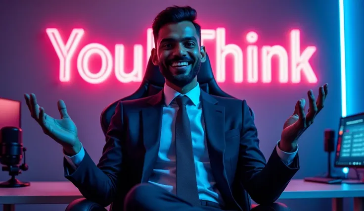 Here’s the updated prompt with the changes:  

"A handsome Indian man, dressed in a sleek professional suit and tie, sits confidently on a modern gaming chair in his YouTube studio. His face is clearly visible, radiant, and expressive. Behind him on the wa...