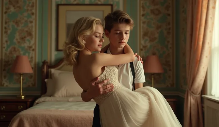 Young  boy carrying in his arms adult beautifull blond norcid women( thin and delicate body) dressing in high heels ) , 
 it takes place bedroom in 1950 style, ultra realism style.detailed face and body, intricate clothing and accessories, high quality int...