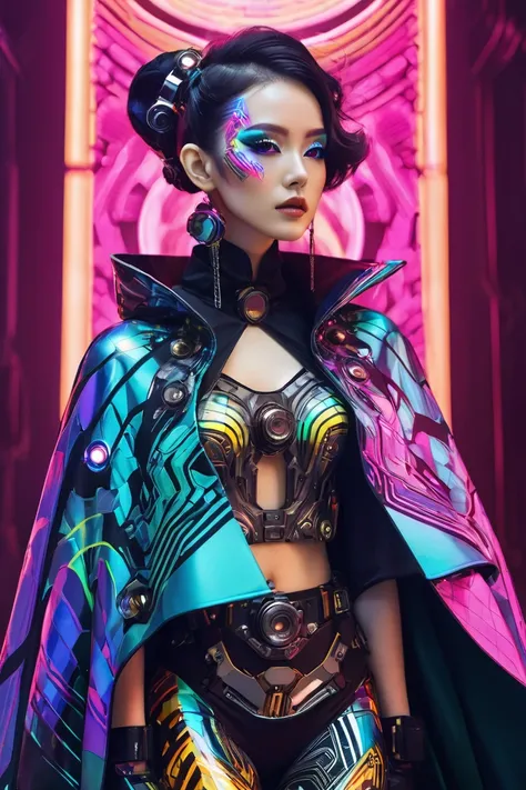 Wear a cape with a psychedelic pattern、A woman in mechanical cyberpunk fashion, wearing gorgeous accessories, and flashy eye makeup