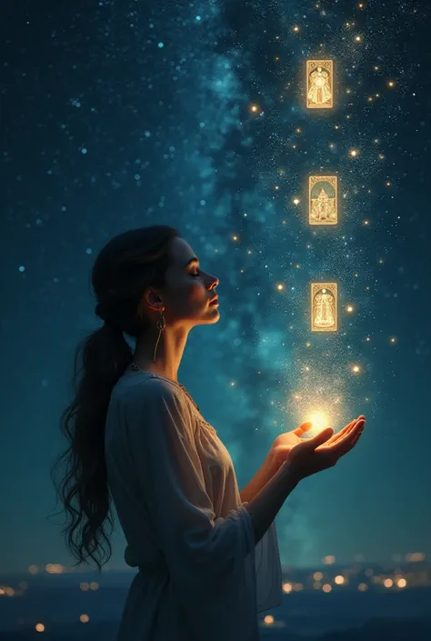 Magic and the Universe"**: Create an image of a woman tarot reader extending her hands towards the starry sky, with tarot cards glowing instead of stars.