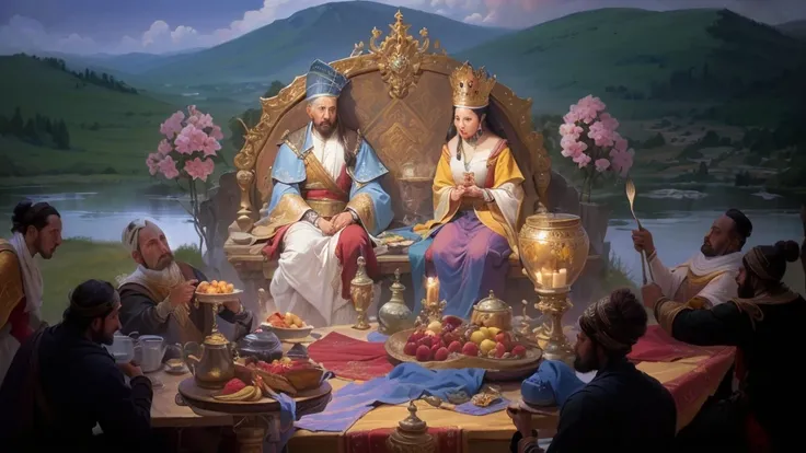 painting of a group of people sitting around a table with food, seated in royal , ancient kings in white, and wife