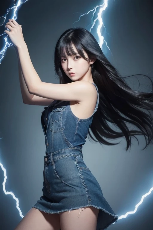 masterpiece,  top quality,  1 girl,  black hair,  shoulder out,  long hair,  dress, Denim Shot,  Dynamic Poses ,  dynamic angle with blue lightning,