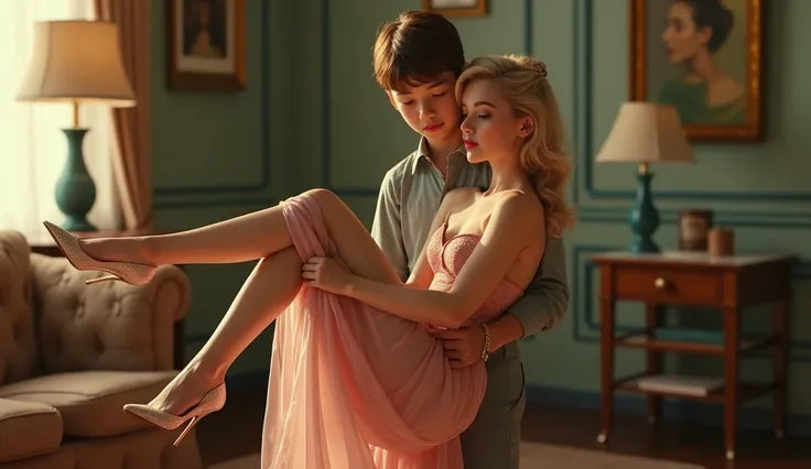 Young  boy carrying in his arms adult beautifull blond  women( thin and delicate body) dressing in high heels ) , 
 it takes place  in 1950 style, ultra realism style.detailed face and body, intricate clothing and accessories, high quality interior scene, ...