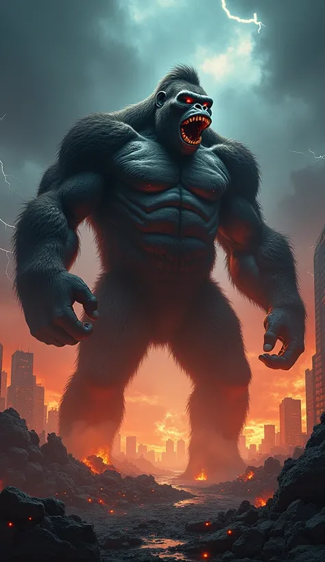 A colossal and terrifying Kong towers over a destroyed city, his height matching that of Godzilla. His massive, muscular body radiates raw, primal energy, his fur matted with battle scars. His glowing red eyes burn with fury, and his sharp teeth glisten un...